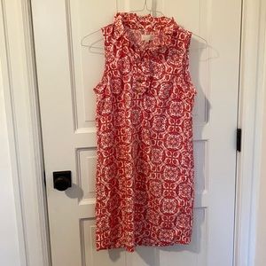 Pink patterned dress with ruffle neck